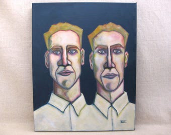 Contemporary Twins Male Portrait Painting, Original Wall Art Gemini, Modern Home Décor