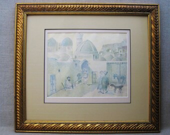 Vintage Landscape Drawing Jewish Art Architectural Framed Original Fine Art