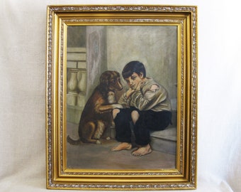 Vintage Male Portrait of Boy and Dog Painting Framed Original Fine Art Dated 1900