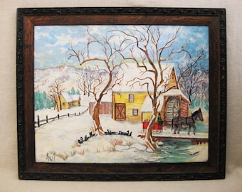 Folk Art Vintage Winter Landscape Painting Original Framed Naïve Rustic Scene with Horse and Sleigh