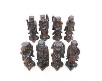 8 Immortals Carved Wood Sculpture Figures, Vintage Full Set Asian Spiritual Statues Housewarming Gift