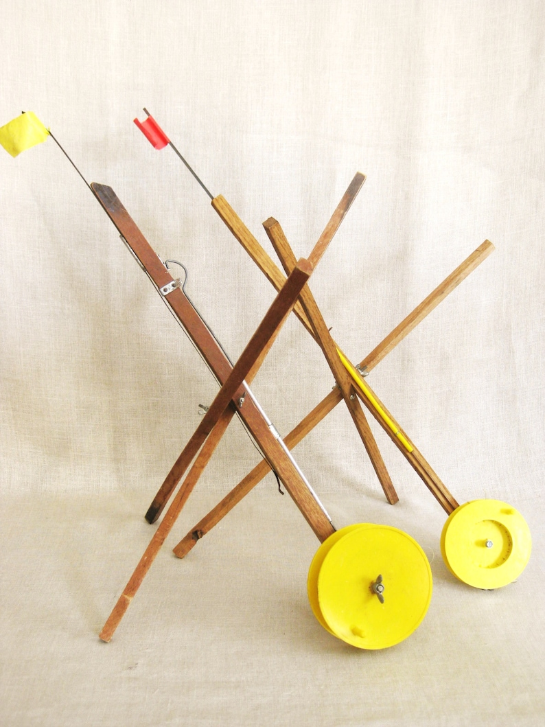 Vintage Wooden Ice Fishing Poles Rods Primitive Reels Etsy