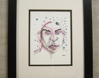 Contemporary Surreal Male Portrait Painting, Original Watercolor, Framed Wall Art, Modern Black Wooden Frame