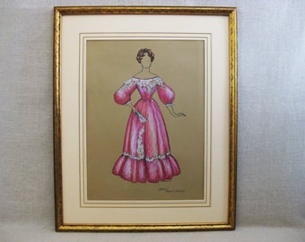 Vintage Female Portrait Fashion Illustration Costume Design Framed Original Fine Art