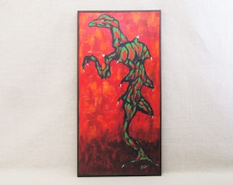Surreal Dinosaur Painting, Framed Original Vintage Wall Art, Strange Creatures Odd and Unusual Gift