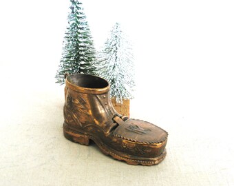 Copper Boot Shaped Desk Box, Ashtray and Match Holder, Storage and Organization Vintage Rustic Cabin Décor