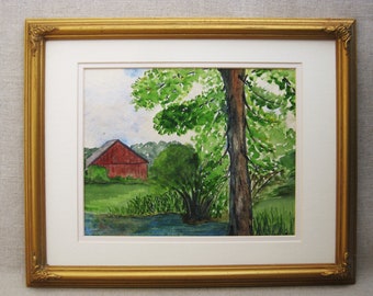 Vintage Barn Landscape Watercolor Painting Framed Original Fine Art Rustic Cabin and Farm Décor