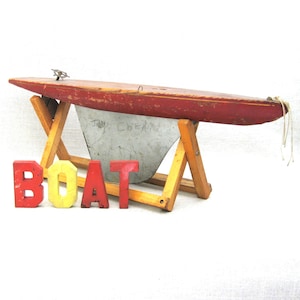 Folk Art Pond Yacht Antique Wooden Toy Boat, Vintage Nautical Beach House Home Décor Lake House Hostess Gift