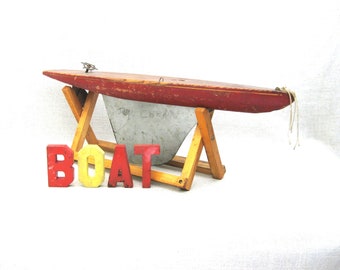 Folk Art Pond Yacht Antique Wooden Toy Boat, Vintage Nautical Beach House Home Décor Lake House Hostess Gift