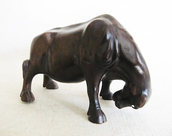 Asian Wooden Bull Carving Sculpture, Vintage Bovine Animal Figure Masculine Man Cave Home Décor