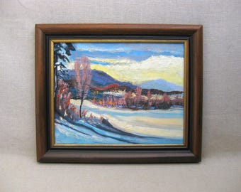 Snowy Winter Landscape Painting, Framed Mid-Century Original Wall Art, Rustic Cabin Décor Wedding Gift