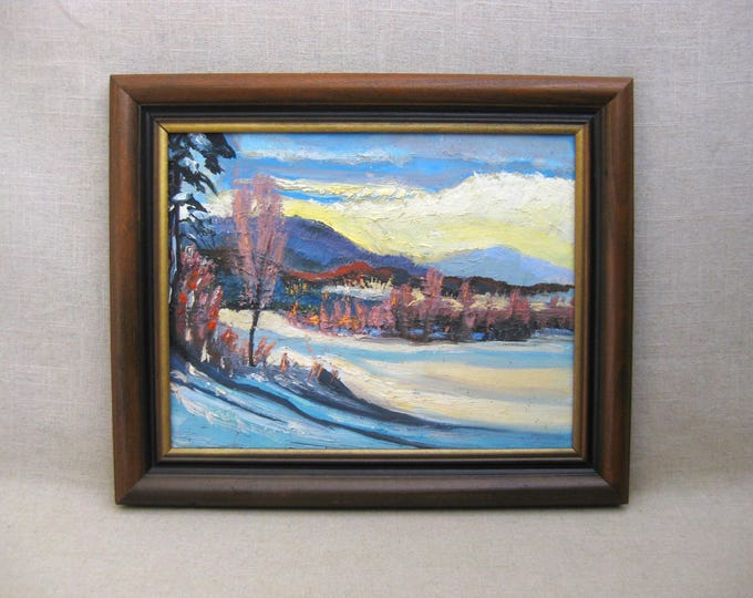 Featured listing image: Snowy Winter Landscape Painting, Framed Mid-Century Original Wall Art, Rustic Cabin Décor Wedding Gift