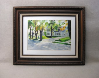 Vintage Landscape Painting House Portrait, Framed Vintage Architectural Wall Art