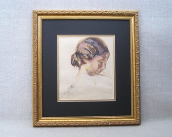 Female Portrait Figural Painting, Original Framed Renault Gouache Antique Wall Art