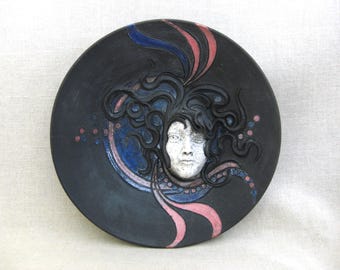 Studio Ceramic Bowl, Female Portrait Sculpture, Medusa, Vintage Pottery Wall Art Home Décor