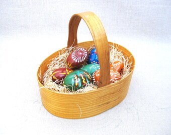 Egg Shaped Shaker Basket Filled w Colorful Hand Painted Wooden Easter Eggs, Hostess Gift, Rustic Farmhouse Cabin Décor