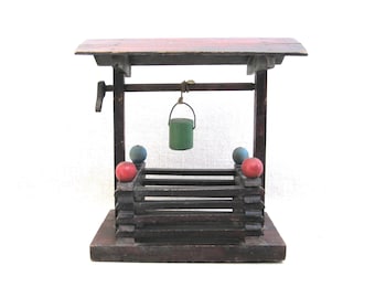 Folk Art Wishing Well Sculpture, Vintage Miniature Wooden Working Primitive Toys Rustic Cabin Décor