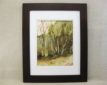 Woodland Landscape Watercolor Painting, Original Framed Fall Wall Art, Vintage Rustic Lakehouse Home Décor