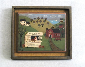 Folk Art Landscape Painting, Original Framed Adah Edwards, Washington Apples, Primitive Kitchen Décor