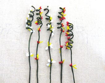 Small Bud Red Glass Flowers on Silken Wire Stem, White Artificial Millinery Vintage Arts and Craft Supplies