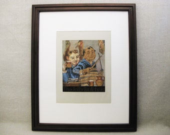 Male Portrait Original Gouache Painting, Framed Wall Art Masculine Man Cave Vintage Home Décor