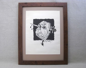 Male Portrait Drawing, Caricature Ink Illustration, Framed Original Fine Art, Black and White