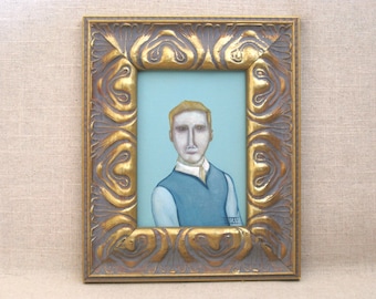 Miniature Male Portrait Painting, Original Framed Masculine Fine Art Wall Décor