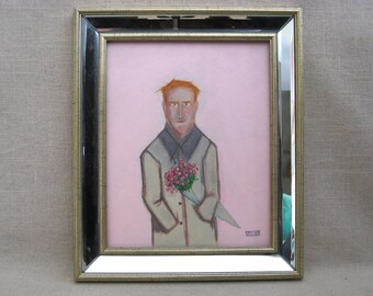 Framed Male Portrait Painting, Framed Original, Man with Flowers, Wooden Panel Small Wall Art Home Décor