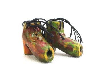 Miniature Folk Art Boot Sculpture, Shoe Carving Pair Primitive Rustic Housewarming Gift