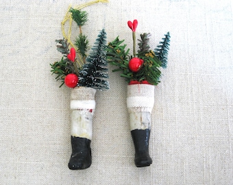 Folk Art Santa Boots Christmas Tree Ornaments, Holiday Décor Odd and Unusual Mantle and Nursery Décor