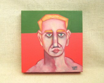 Contemporary Male Portrait Painting, Quirky Original Wall Art on Stretched Gallery Wrapped Canvas 8 x 8