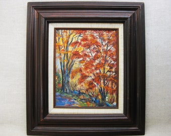 Vintage Fall Landscape Painting Autumn Framed Original Fine Art, Rustic Cabin Décor