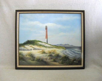 Vintage Beach Landscape Painting, Original Lighthouse Architectural Framed Coastal Wall Art