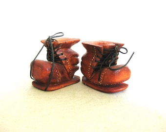 Rustic Folk Art Wooden Boot Carved Sculpture, Miniature Pair Primitive Kids Décor