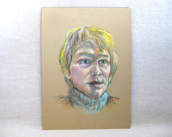 Female Portrait Drawing, Original Mid-Century Pastel Wall Art Home Décor