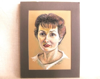 Mid-Century Drawing Female Portrait, Original Fine Art Vintage Wall Décor