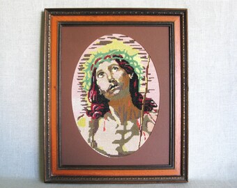 Jesus Needlepoint, Framed Vintage Religious Wall Art, Spiritual Housewarming Gift