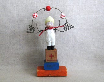 Folk Art Doll Assemblage Sculpture, Antique Bisque Ceramic Male Portrait