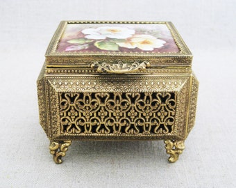 Ornate Vintage Jewelry Box Vanity Storage and Organization Hand Painted Ceramic Lid