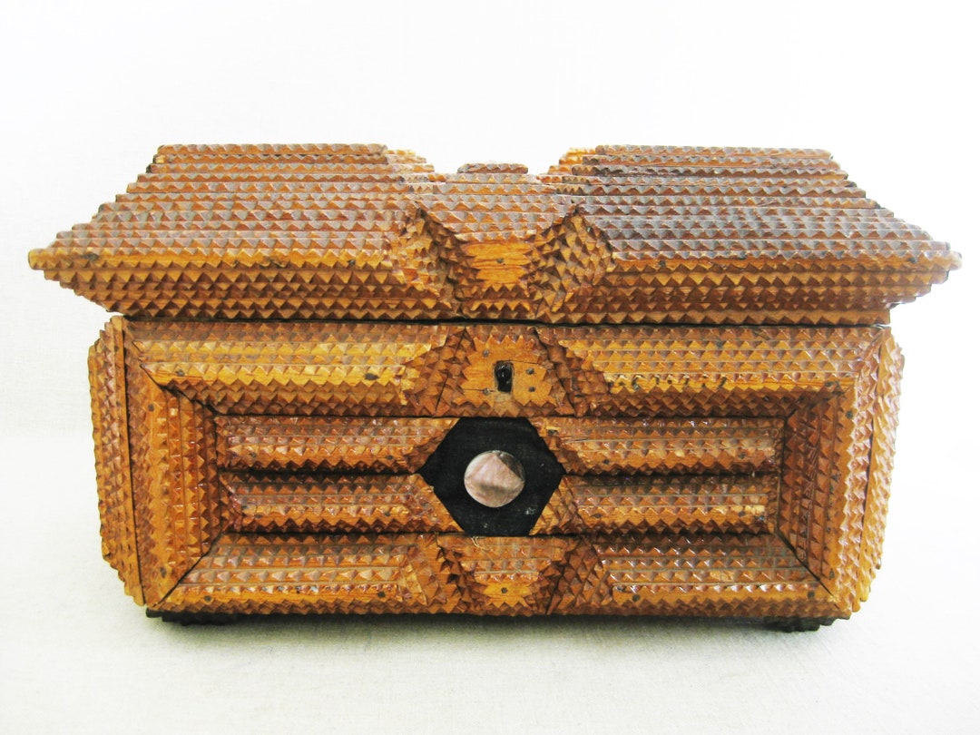 Vintage Tramp Art, Folk Art Sewing Box, Cigar Box Art, Chipped Wood