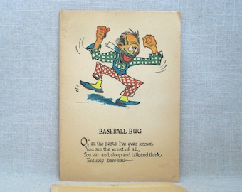 Vintage Vinegar Valentines Day Card 1930s Baseball Bug Sports Fan Humorous Mean Holiday Greeting Penny Dreadful Antique Print