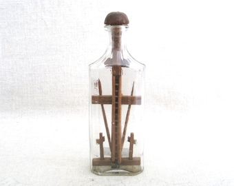 Outsider Folk Art Bottle Whimsey Arma Christi Sculpture, Wood Carving Antique Religious Tramp Cross