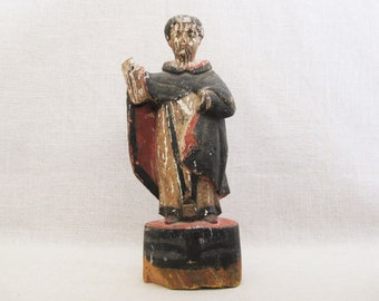 Vintage Santos Religious Figure Carved Wood Sculpture, 19th Century Mexican Folk Art