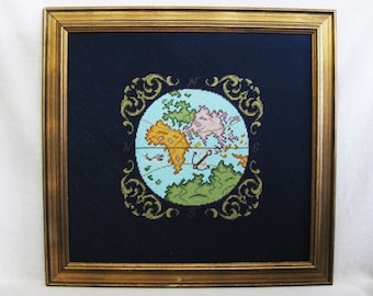 Large World Globe Needlepoint, Framed Embroidery, Vintage Wall Art Library Home Décor