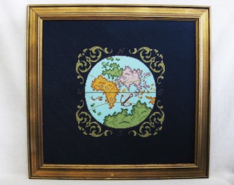 Vintage World Globe Needlepoint Framed Embroidery Wall and Library Décor