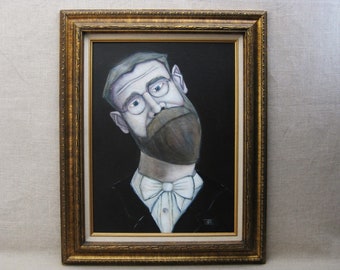 Original Male Portrait Painting Man in Bow Tie Framed Wall Art in Vintage Gold Frame Housewarming Wedding Gift
