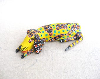 Mexican Folk Art Carved Painted Dog Sculpture, Alebrijes Oaxaca Wood Carving, Pedro M Ramirez