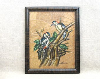 Vintage Woodpecker Painting Original Art Wall Décor Nature Wildlife Painted on Leaves Framed