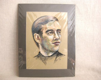 Mid-Century Male Portrait Drawing, Original Wall Art, Vintage Masculine Home Décor