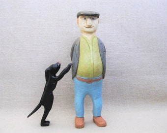 Contemporary Male Figure Carving Sculpture, Portrait Folk Art Dog and Man Cave Home Décor